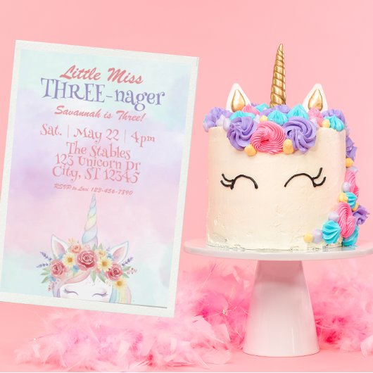 Little Miss Three-nager, Unicorn 3rd Birthday 招待状