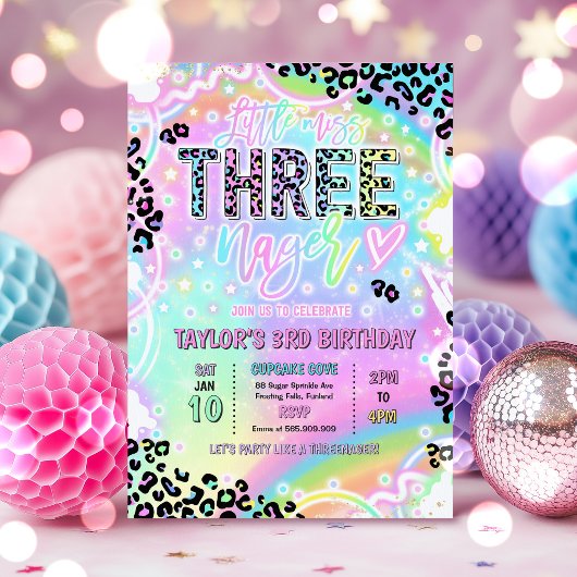 Little Miss Threenage Rainbow Leopard 3rd Birthday 招待状