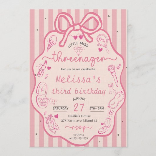 Little Miss Threenager Coquette Bow 招待状 (正面)