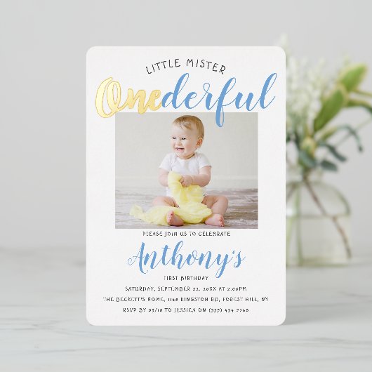 Little Mister Onederful写真1stバースデー実在タ 箔招待状 (立ち正面)