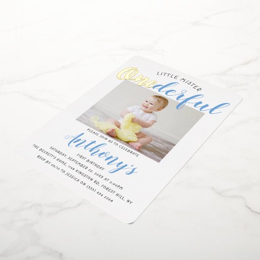 Little Mister Onederful写真1stバースデー実在タ 箔招待状 (回転した状態)