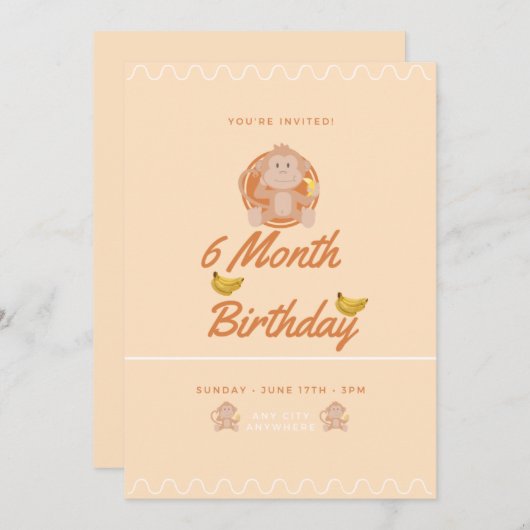 Little Monkey 6 Month Birthday 招待状 (正面/裏面)
