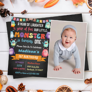 Little Monsterテーマの第1の誕生日パーティー写真 招待状