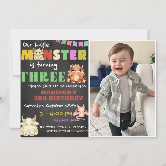 Little Monsterテーマの3番目の誕生日パーティー写真 招待状 (正面)