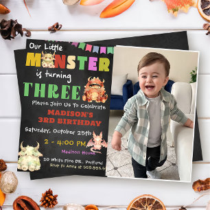 Little Monsterテーマの3番目の誕生日パーティー写真 招待状