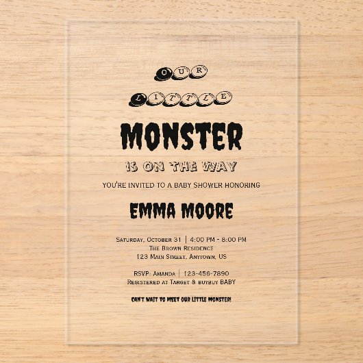 Little Monster Baby Shower Typography Design アクリル招待状 (正面)