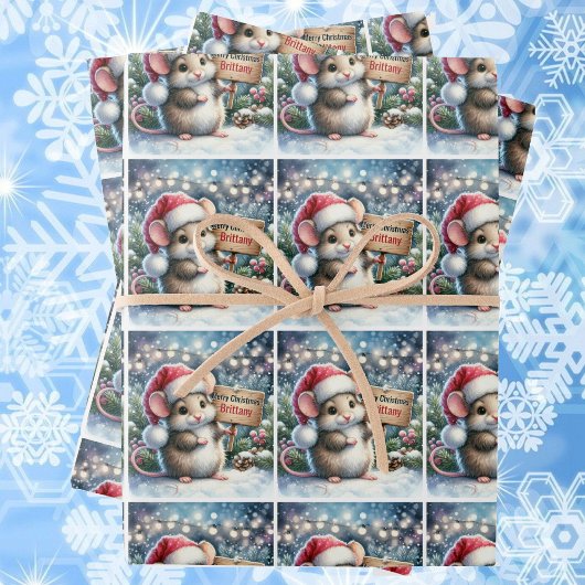 Little Mouse Personalize Name Girl's Christmas ラッピングペーパーシート