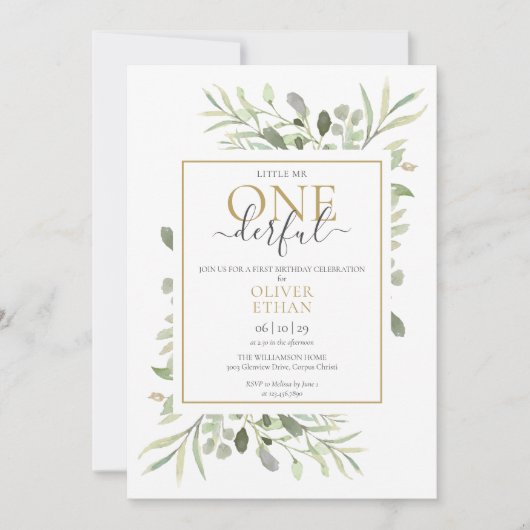 Little Mr ONEderfulフォトファーストエレガント誕生日 招待状 (正面)