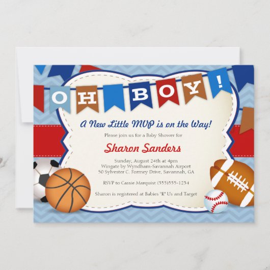 *Little MVP*のスポーツがテーマのベビーシャワーの招待状 招待状 (正面)