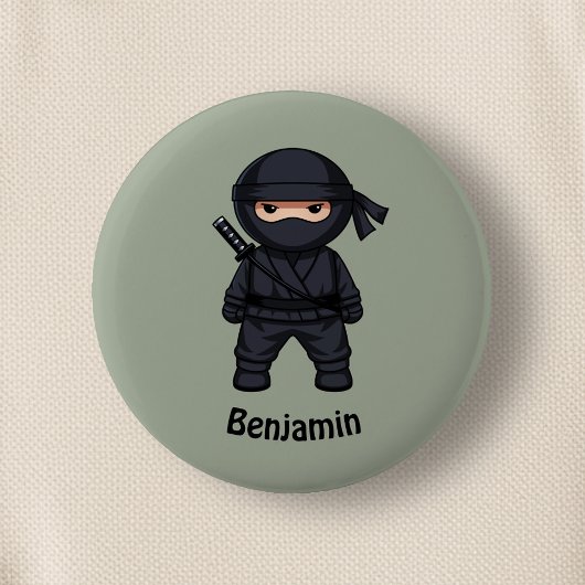 Little Ninja Warrior on Sage Green 缶バッジ