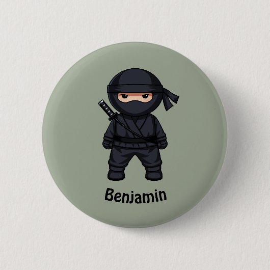 Little Ninja Warrior on Sage Green 缶バッジ (正面)