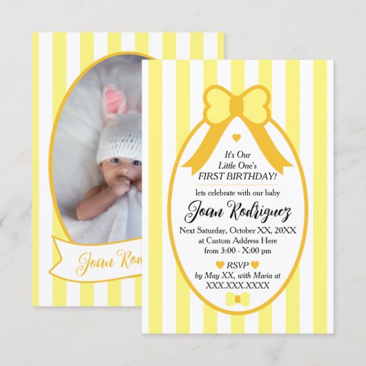 Little One Bow 1st Birthday Photo Invitations サンキューカード (正面/裏面)