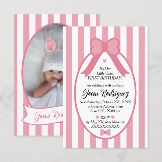 Little One Bow 1st Birthday Photo Invitations サンキューカード (正面/裏面)