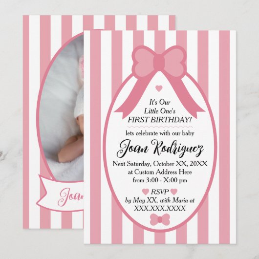 Little One Bow 1st Birthday Photo Invitations 招待状 (正面/裏面)