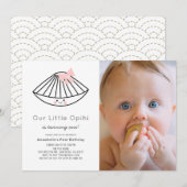 Little Opihi Pink Ribbon Girl Photo 1st Birthday 招待状 (正面/裏面)