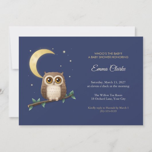 Little Owl and Moon ベビーシャワー招待状 招待状 (正面)