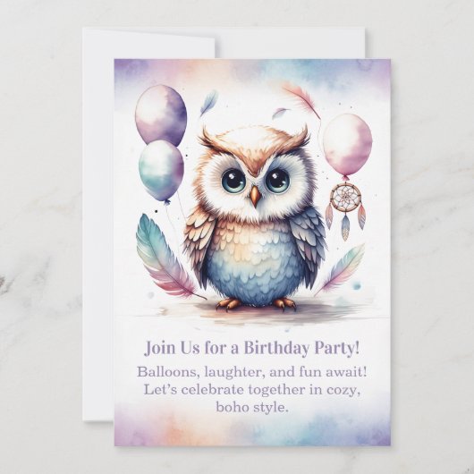 Little Owl Birthday Invitation Woodland Boho 招待状 (正面)