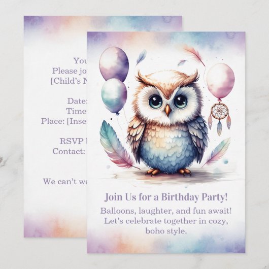 Little Owl Birthday Invitation Woodland Boho  招待状 (正面/裏面)