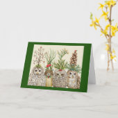 Little Owls with Holiday hats Folded Greeting Card カード (黄色い花)