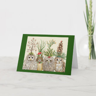 Little Owls with Holiday hats Folded Greeting Card カード