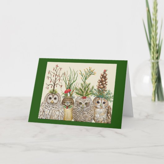 Little Owls with Holiday hats Folded Greeting Card カード (正面)