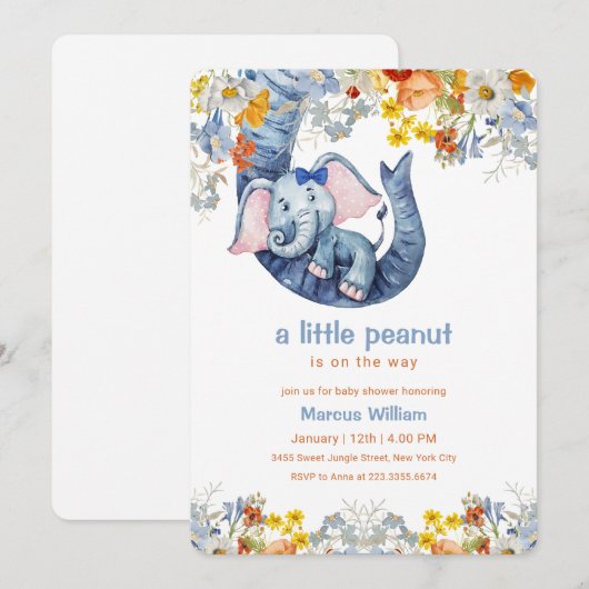 Little Peanut Blue Elephant Floral Baby Shower 招待状 (正面/裏面)