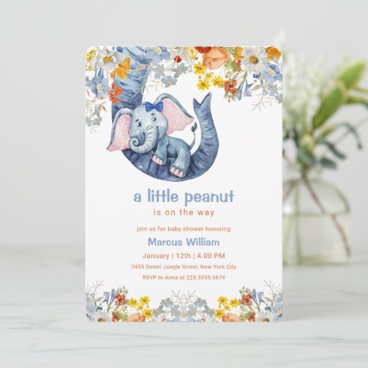 Little Peanut Blue Elephant Floral Baby Shower 招待状 (スタンド正面)