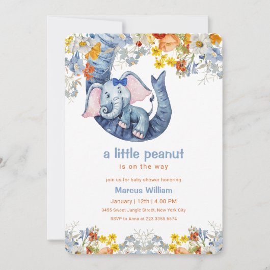 Little Peanut Blue Elephant Floral Baby Shower 招待状 (正面)