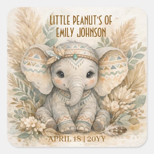 Little Peanut Boho Safari Elephant Boy Baby Shower スクエアシール (正面)