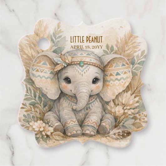 Little Peanut Boho Safari Elephant Boy Baby Shower フェイバータグ (正面)