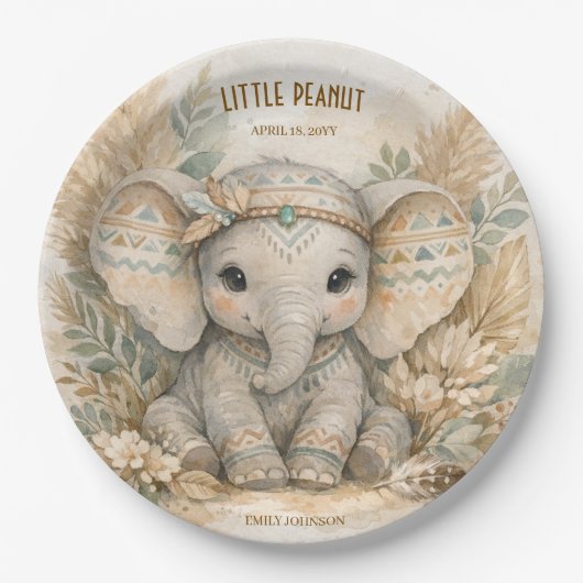 Little Peanut Boho Safari Elephant Boy Baby Shower ペーパープレート (正面)
