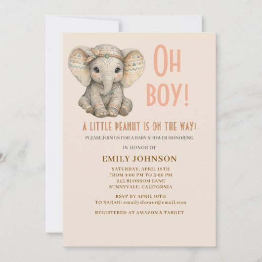 Little Peanut Boho Safari Elephant Boy Baby Shower 招待状 (正面)