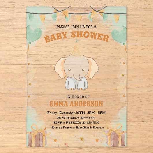 Little Peanut Dreams – Elephant Baby Shower アクリル招待状 (正面)