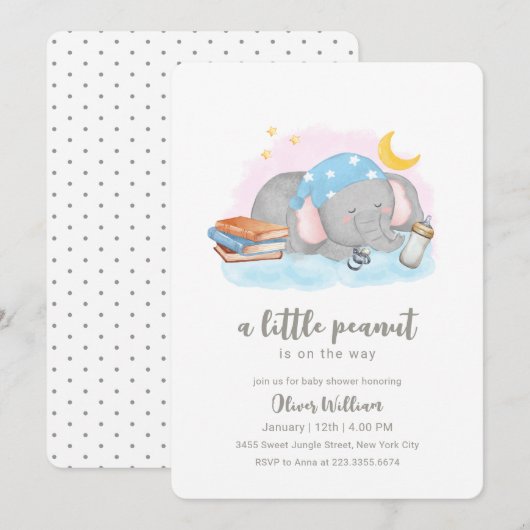 Little Peanut Sleeping Elephant Baby Shower 招待状 (正面/裏面)