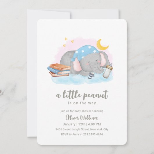 Little Peanut Sleeping Elephant Baby Shower 招待状 (正面)