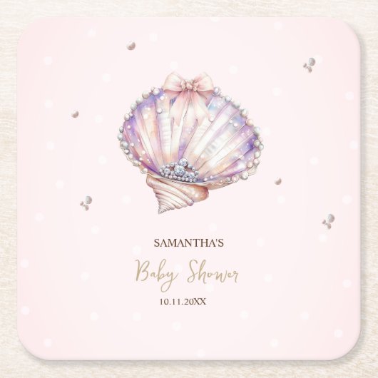 Little Pearl Seashells Diamonds Dots Baby Shower スクエアペーパーコースター (正面)