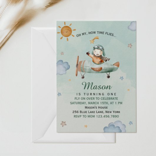 Little Pilot Airplane Green Sky First Birthday 招待状