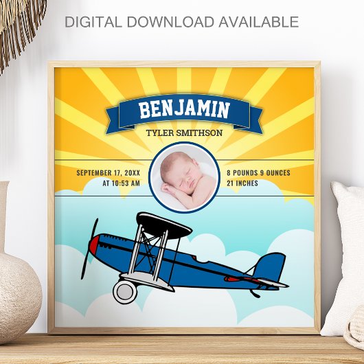 Little Pilot Blue Airplane Baby Photo Birth Stats ポスター