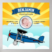 Little Pilot Blue Airplane Baby Photo Birth Stats ポスター (正面)