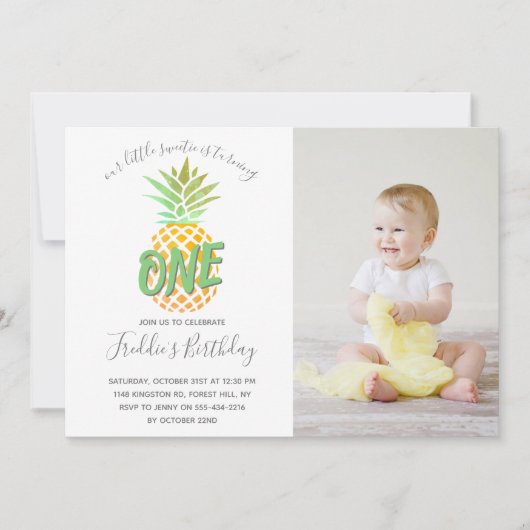 Little Pineapple 1st Birthday Photo 招待状 (正面)