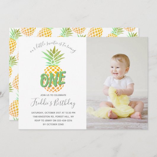 Little Pineapple 1st Birthday Photo 招待状 (正面/裏面)