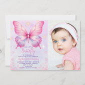 Little Pink Butterfly - Girls' Birthday with Photo 招待状 (正面)