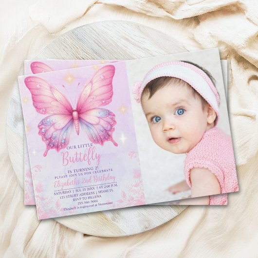 Little Pink Butterfly - Girls' Birthday with Photo 招待状