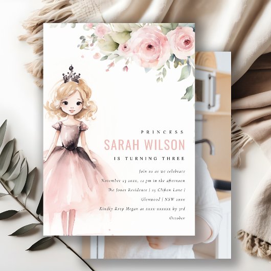 Little Pink Princess Rose Floral Birthday Photo 招待状