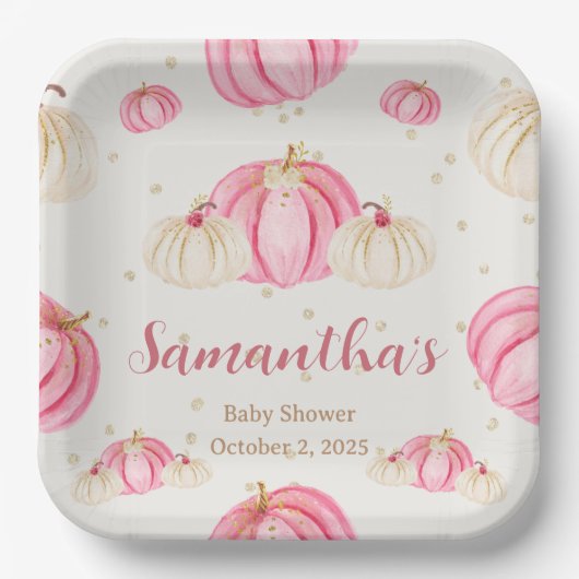Little Pink Pumpkin Watercolor Floral Paper Plates ペーパープレート (正面)
