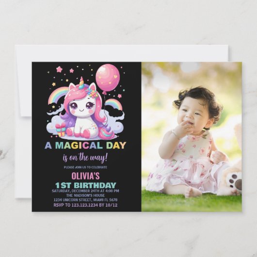 Little Pink Unicorn誕生日招待状と写真 招待状 (正面)