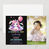 Little Pink Unicorn誕生日招待状と写真 招待状 (正面/裏面)