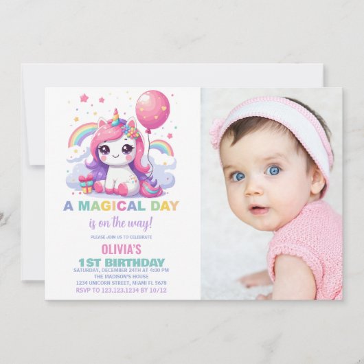 Little Pink Unicorn誕生日招待状w photo 招待状 (正面)