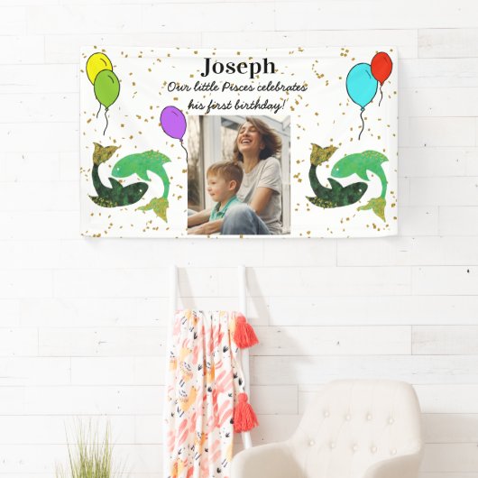 Little Pisces 1st誕生日金ゴールドフレーク風船 横断幕 (インサイチュ)