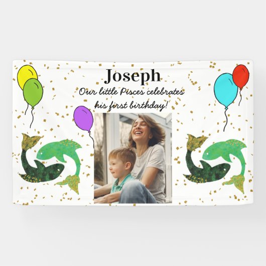 Little Pisces 1st誕生日金ゴールドフレーク風船 横断幕 (横)